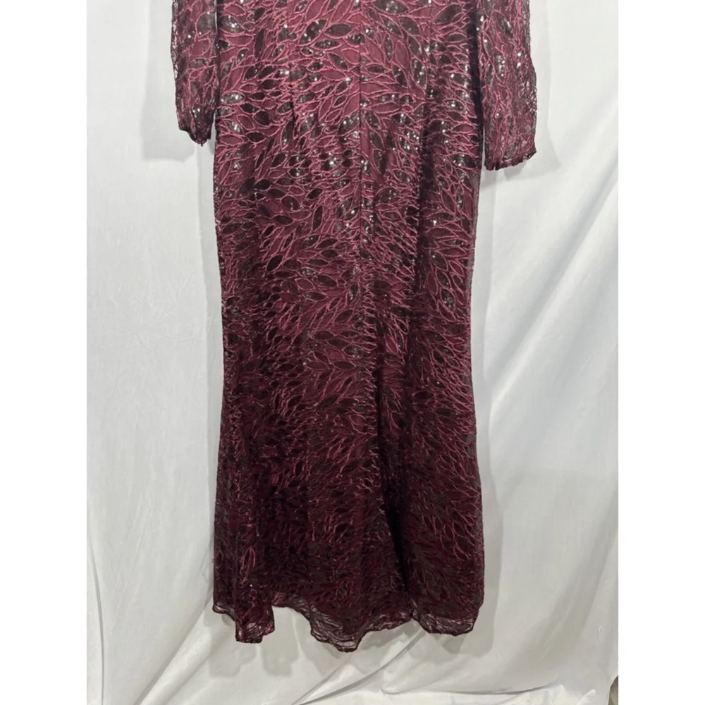 NWT $698 Mac Duggal‎ [ 16 ] Long Sleeve Ruched Sequined V Neck Gown Garnet Red